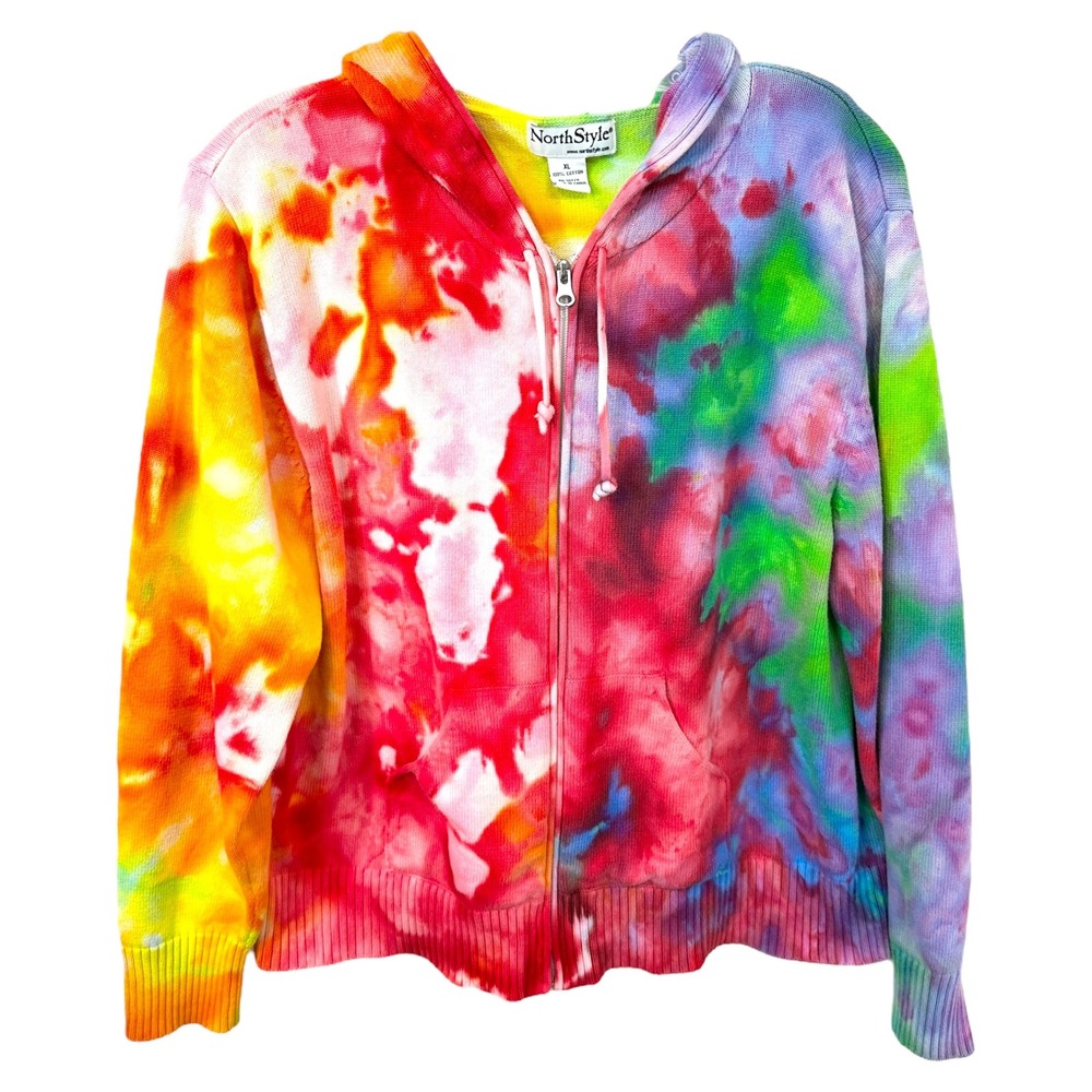 NorthStyle XL Jacket Handmade Tie Dye Cotton Knit Zip Up Hoodie Rainbow 1742 - Picture 2 of 12